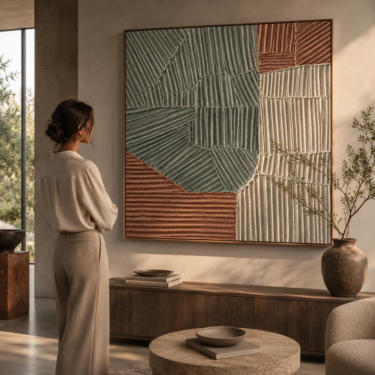 Textured Geometric Abstract Painting, Sage Green Terracotta Canvas Art