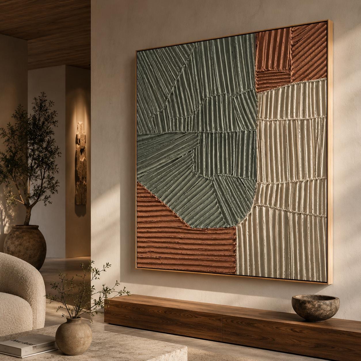 Textured Geometric Abstract Painting, Sage Green Terracotta Canvas Art