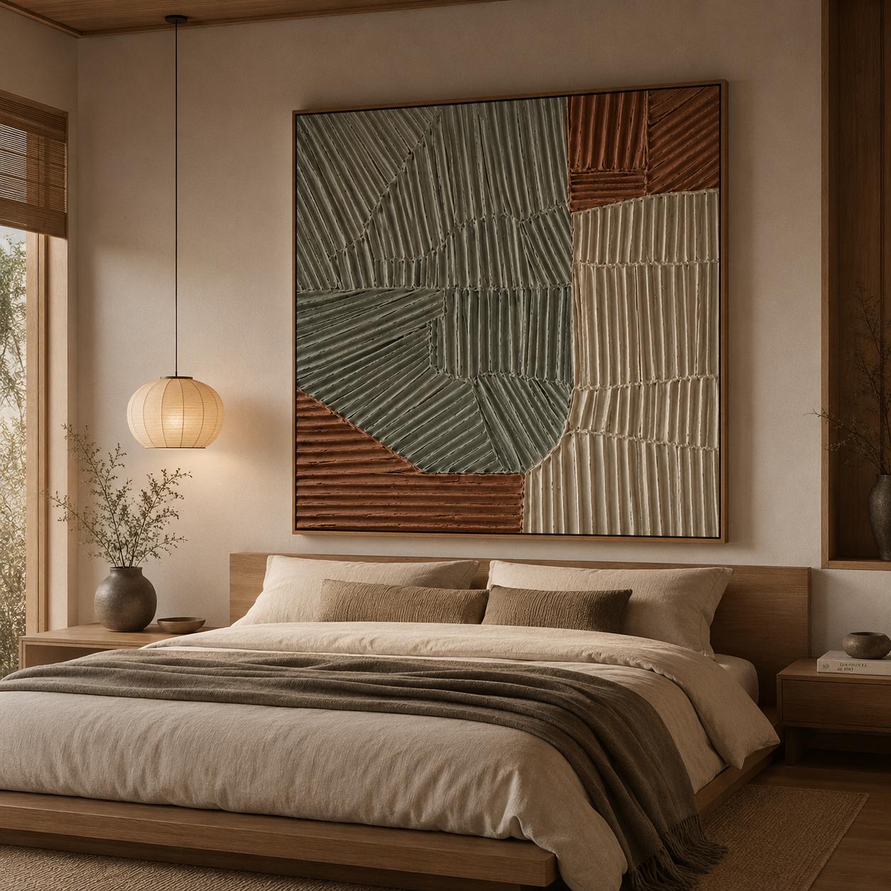 Textured Geometric Abstract Painting, Sage Green Terracotta Canvas Art