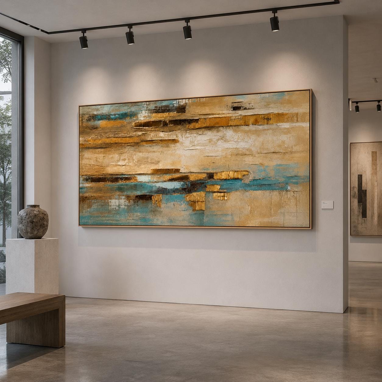 Textured Abstract Coastal Painting, Beige Blue Gold Wall Art, Modern Canvas Artwork