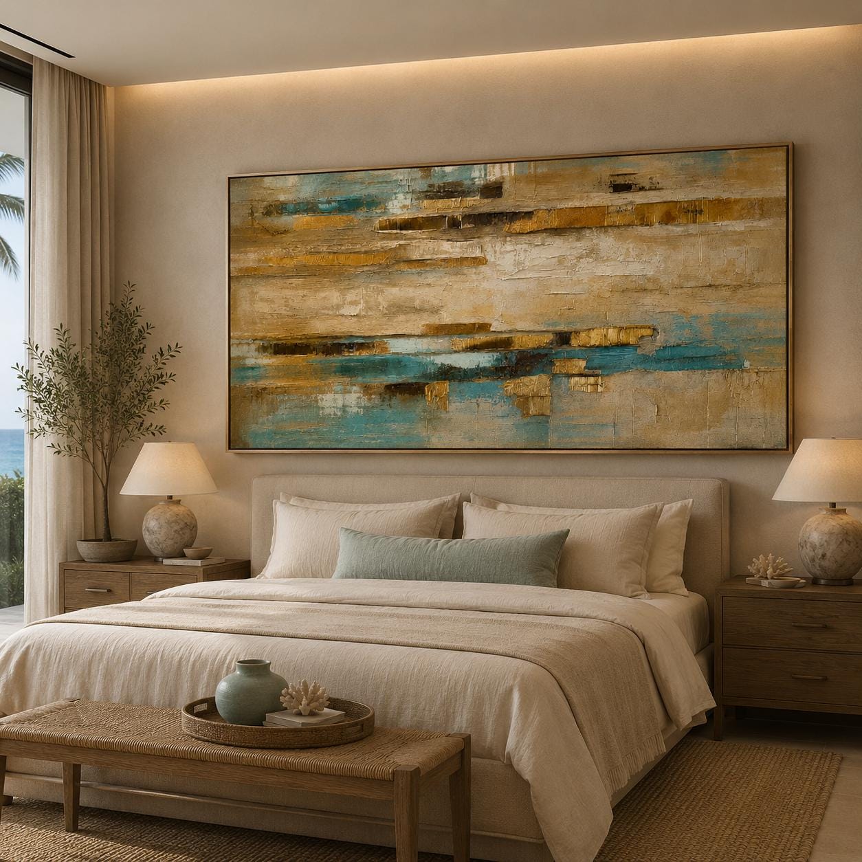 Textured Abstract Coastal Painting, Beige Blue Gold Wall Art, Modern Canvas Artwork