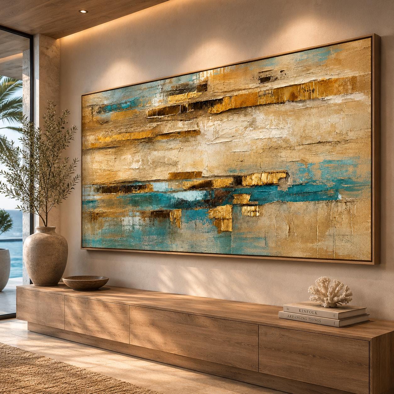 Textured Abstract Coastal Painting, Beige Blue Gold Wall Art, Modern Canvas Artwork