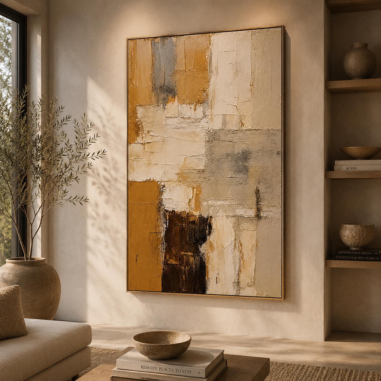 Textured Abstract Painting, Beige Brown Earth Tone Canvas, Minimalist Contemporary Artwork