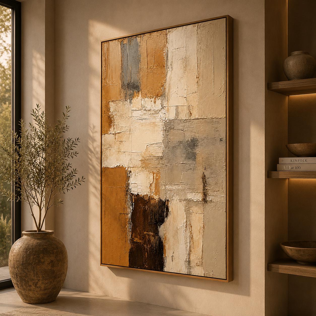Textured Abstract Painting, Beige Brown Earth Tone Canvas, Minimalist Contemporary Artwork
