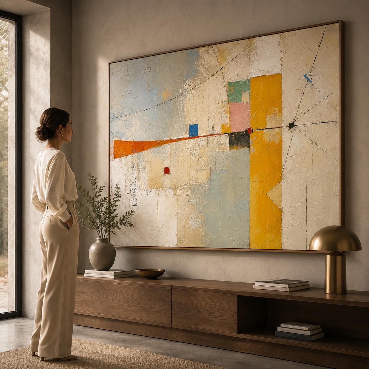 Textured Geometric Abstract Painting, Mid Century Modern Wall Art, Yellow Neutral Canvas, Minimalist Home Decor Gift