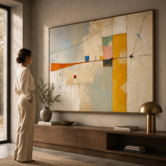 Textured Geometric Abstract Painting, Mid Century Modern Wall Art, Yellow Neutral Canvas, Minimalist Home Decor Gift