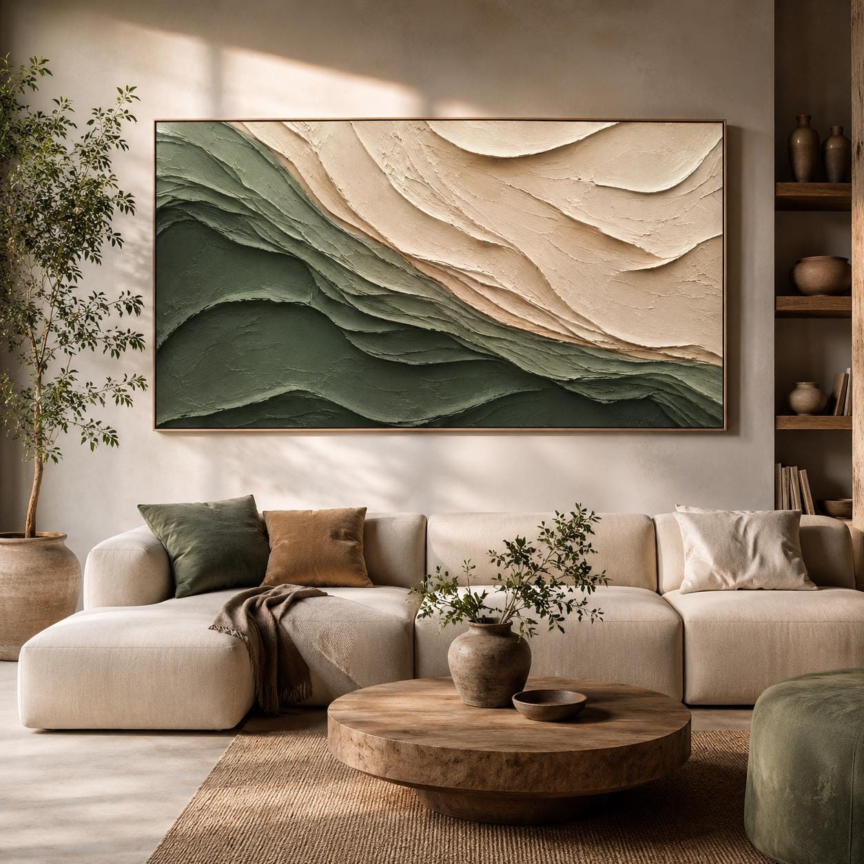 Textured Green Wave Wall Art, Organic Layered Abstract Painting, Sage Green Minimalist Canvas, Neutral Sculptural Artwork