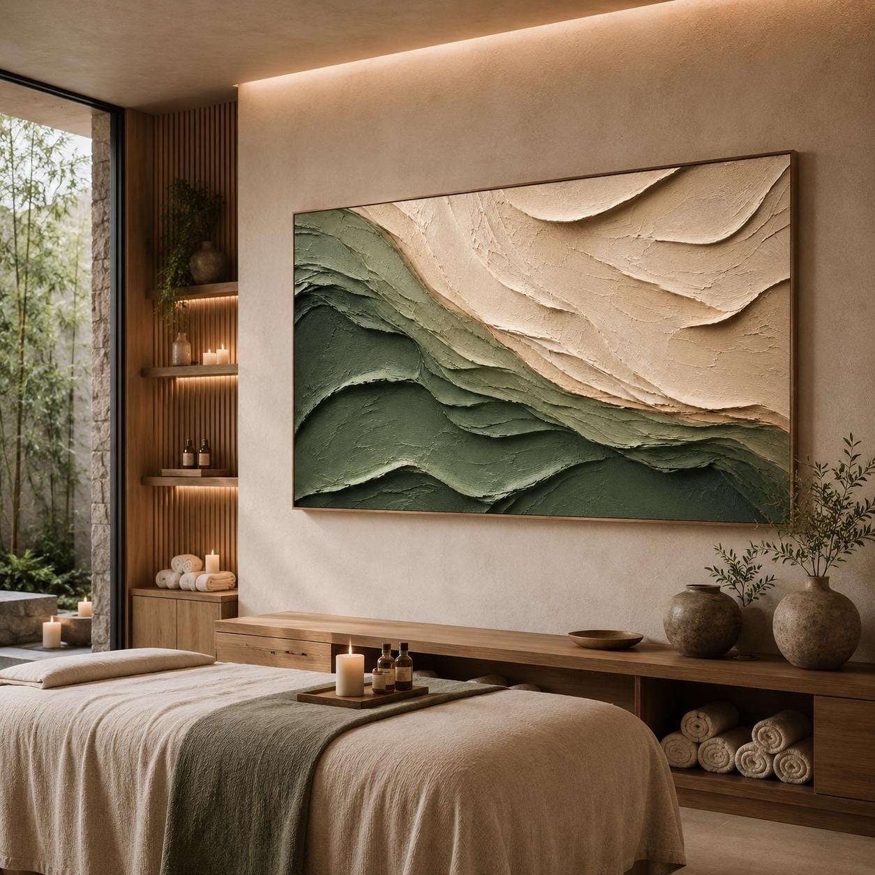 Textured Green Wave Wall Art, Organic Layered Abstract Painting, Sage Green Minimalist Canvas, Neutral Sculptural Artwork
