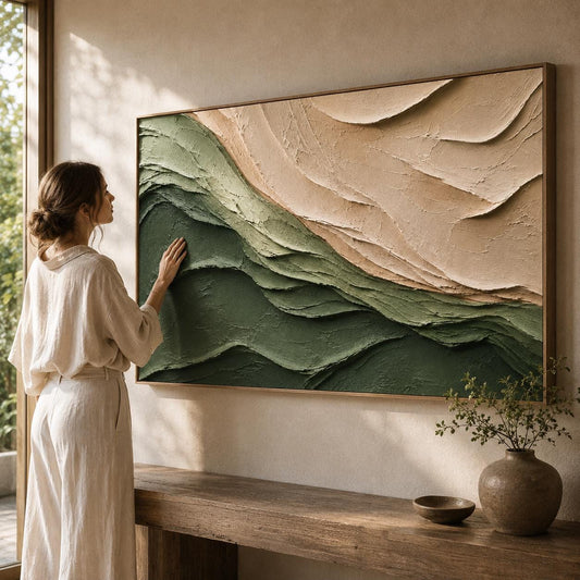 Textured Green Wave Wall Art, Organic Layered Abstract Painting, Sage Green Minimalist Canvas, Neutral Sculptural Artwork