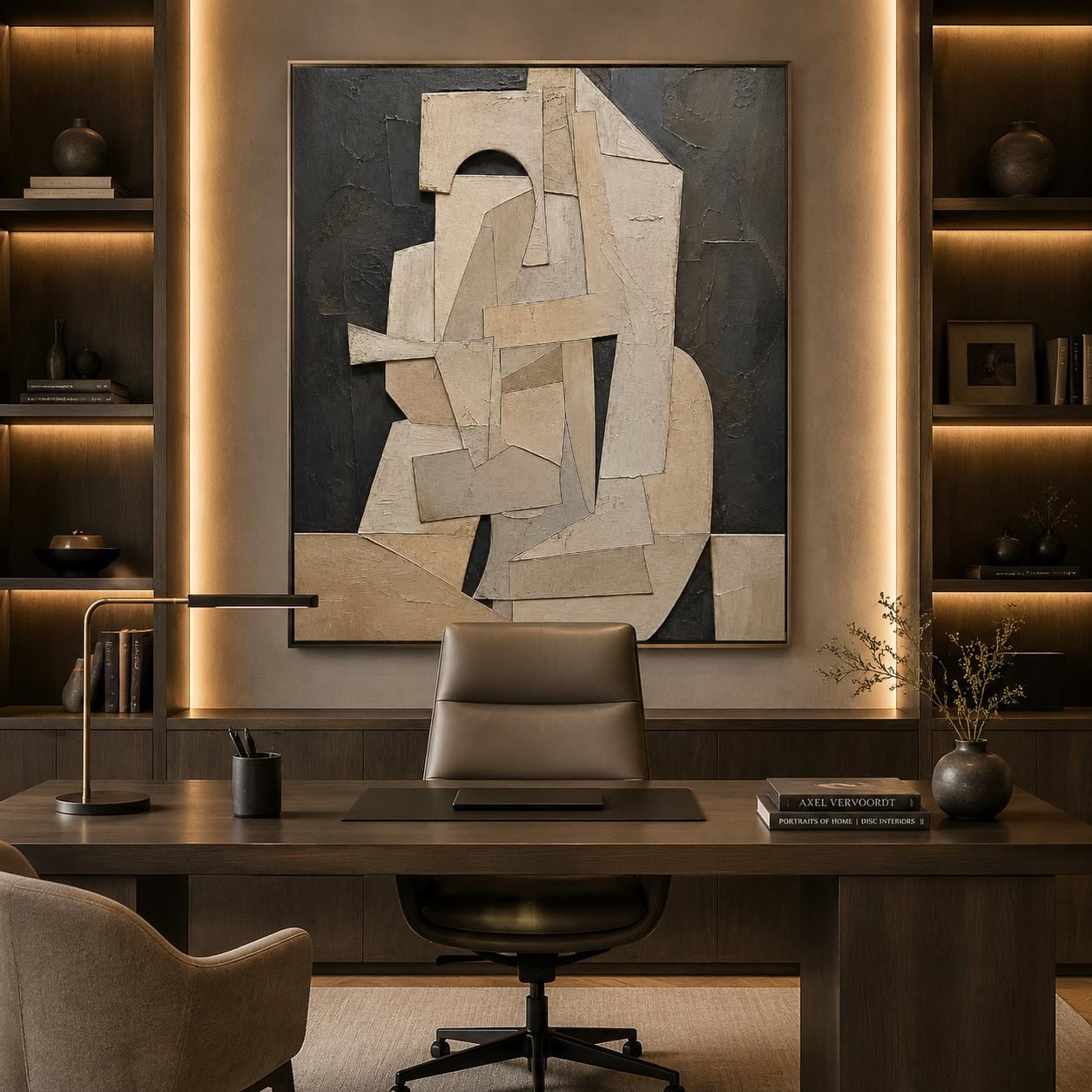 Textured Cubist Abstract Painting, Neutral Geometric Wall Art, Beige Contemporary Canvas