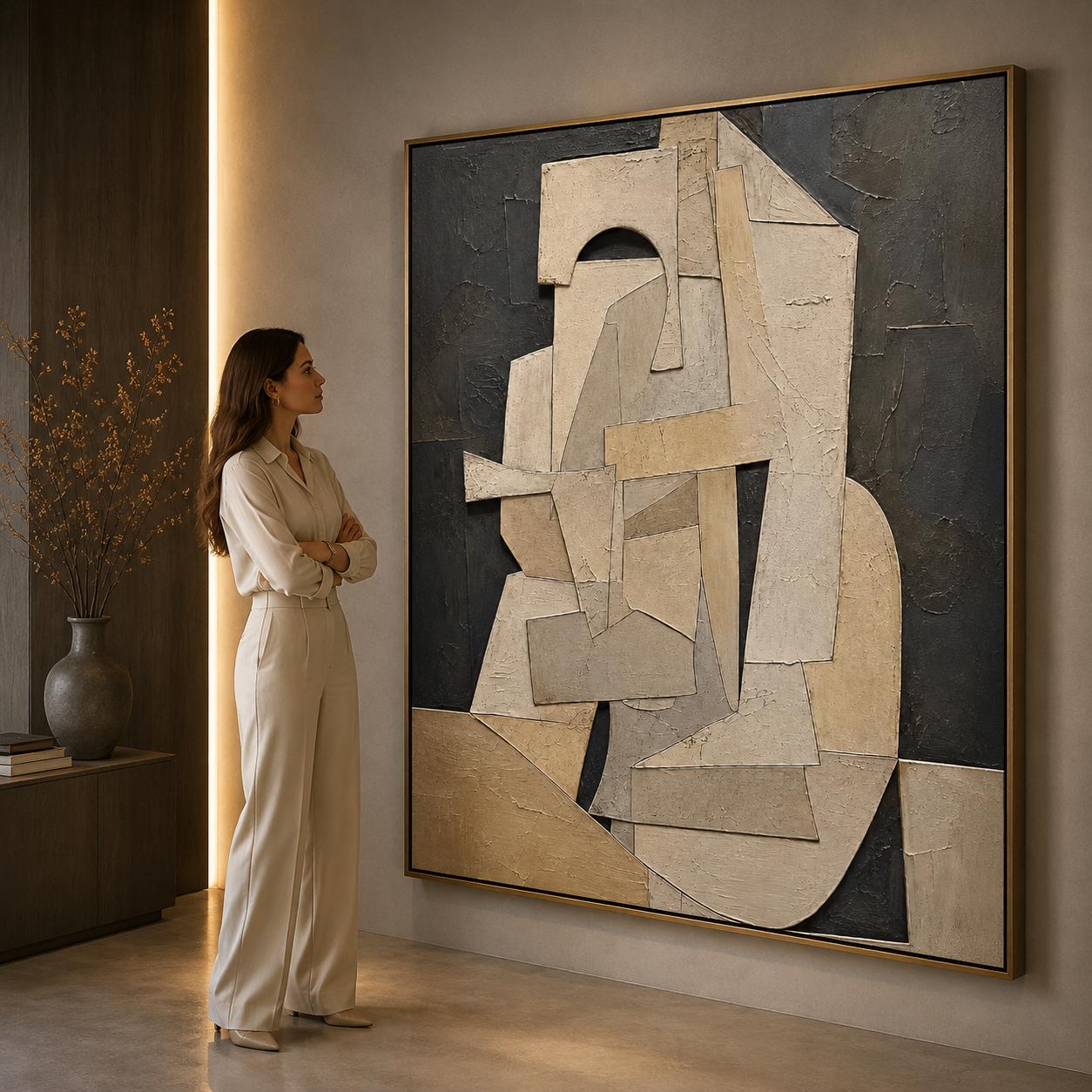 Textured Cubist Abstract Painting, Neutral Geometric Wall Art, Beige Contemporary Canvas