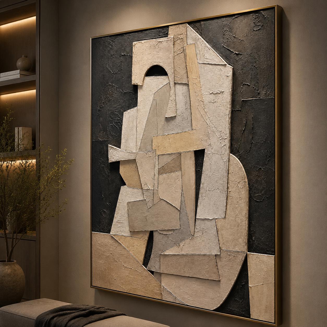 Textured Cubist Abstract Painting, Neutral Geometric Wall Art, Beige Contemporary Canvas