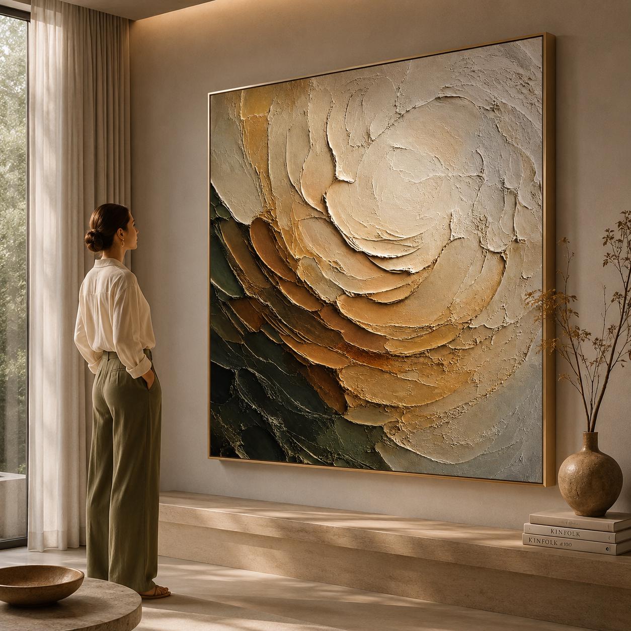 Neutral Floral Impasto Canvas Art, Beige Rose Sculptural Painting, Botanical Abstract Decor