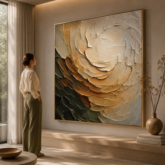 Neutral Floral Impasto Canvas Art, Beige Rose Sculptural Painting, Botanical Abstract Decor