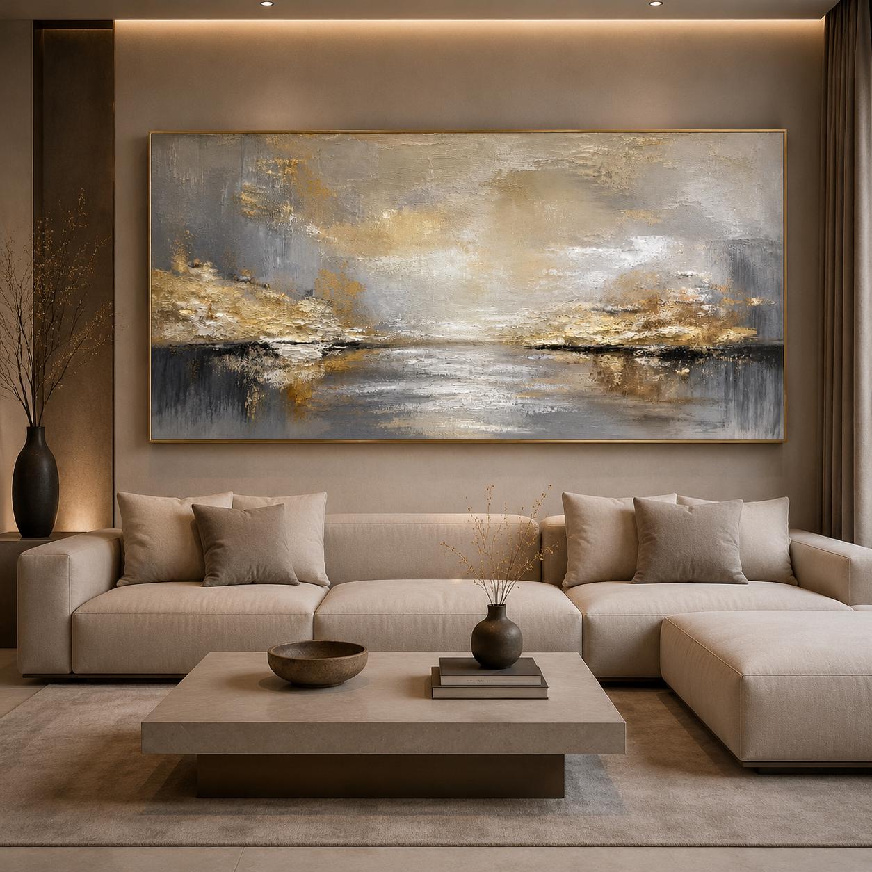 Abstract Landscape Painting, Textured Gold Wall Art, Beige Gray Impasto Canvas