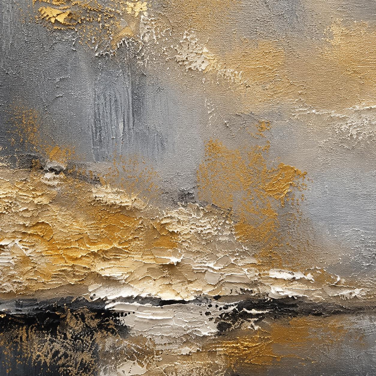 Abstract Landscape Painting, Textured Gold Wall Art, Beige Gray Impasto Canvas