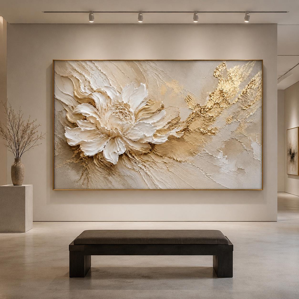 White Gold Floral Textured Canvas Art, Luxury Neutral Abstract Painting, Sculptural Flower Decor