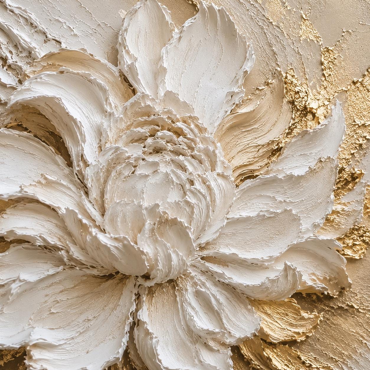 White Gold Floral Textured Canvas Art, Luxury Neutral Abstract Painting, Sculptural Flower Decor