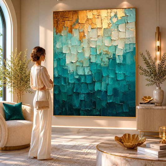 Textured Teal Gold Abstract Canvas Painting, Modern Coastal Ocean Artwork