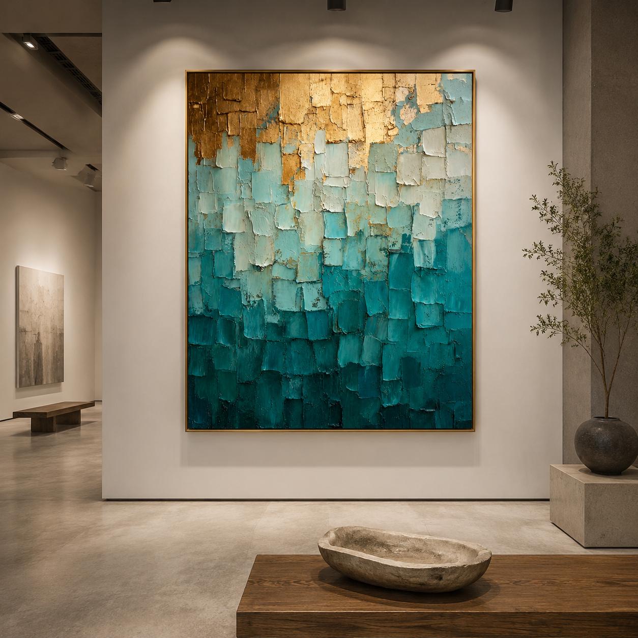 Textured Teal Gold Abstract Canvas Painting, Modern Coastal Ocean Artwork