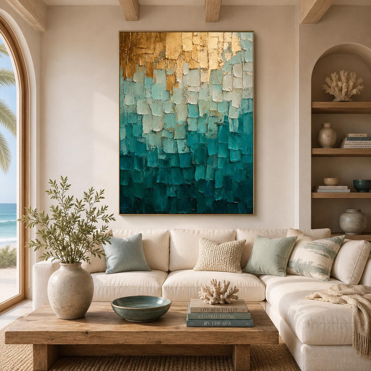 Textured Teal Gold Abstract Canvas Painting, Modern Coastal Ocean Artwork