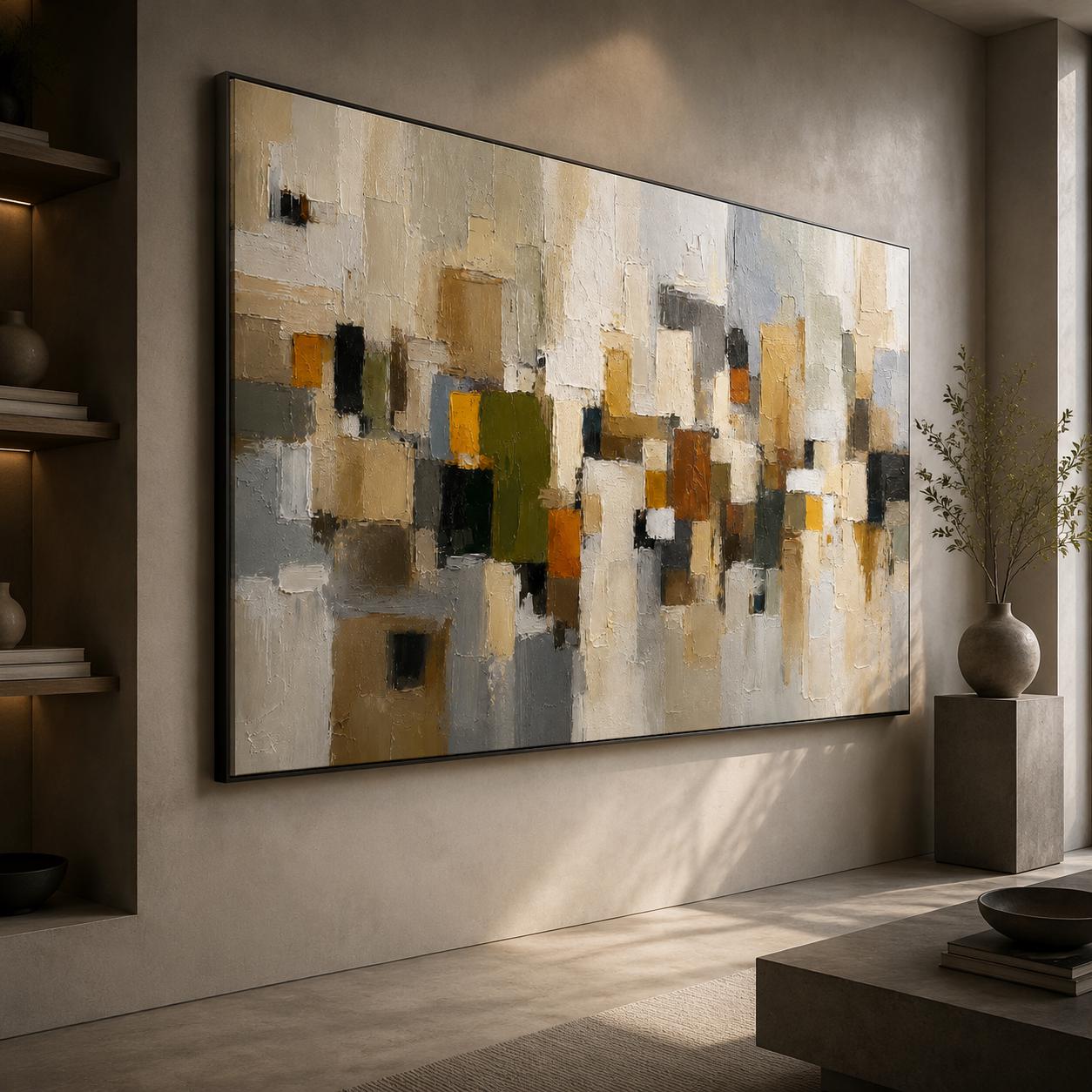 Textured Geometric Abstract Painting, Neutral Beige Gray Canvas, Modern Minimalist Wall Decor