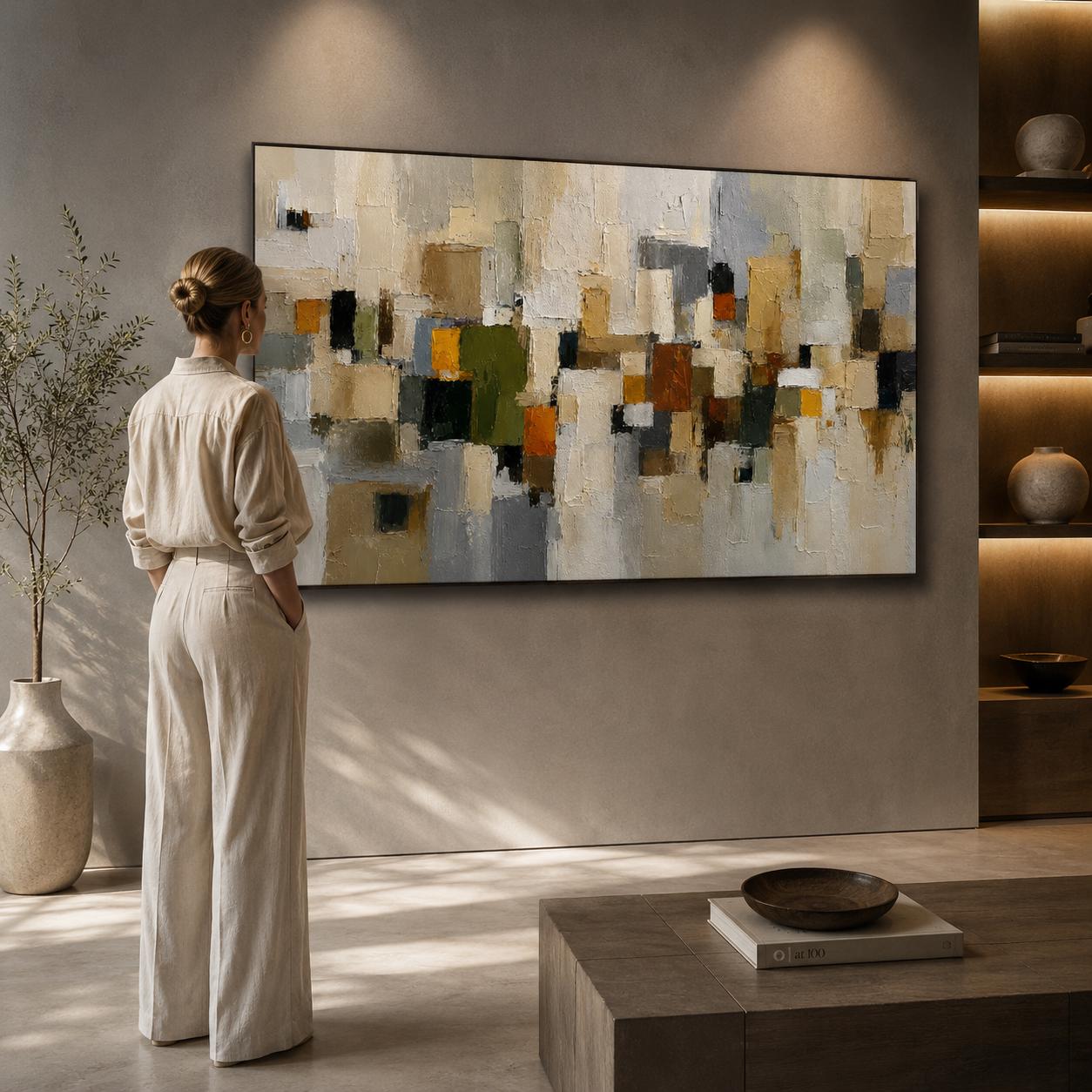 Textured Geometric Abstract Painting, Neutral Beige Gray Canvas, Modern Minimalist Wall Decor