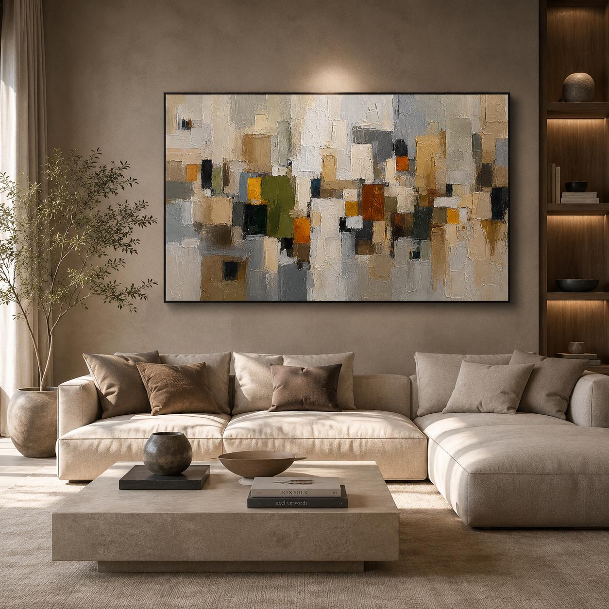 Textured Geometric Abstract Painting, Neutral Beige Gray Canvas, Modern Minimalist Wall Decor