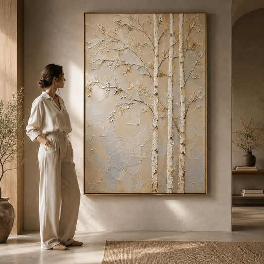 Textured Birch Tree Wall Art, Neutral Abstract Forest Painting, Sculptural Woodland Canvas