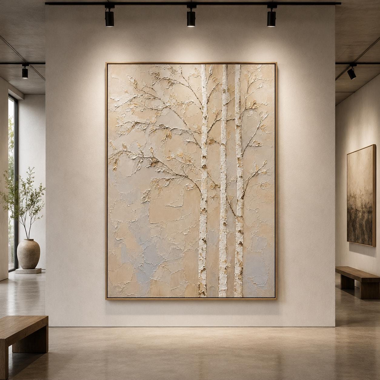Textured Birch Tree Wall Art, Neutral Abstract Forest Painting, Sculptural Woodland Canvas