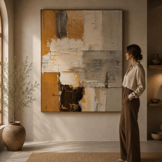 Textured Abstract Canvas Painting, Geometric Earth Tone Artwork, Modern Sculptural Decor