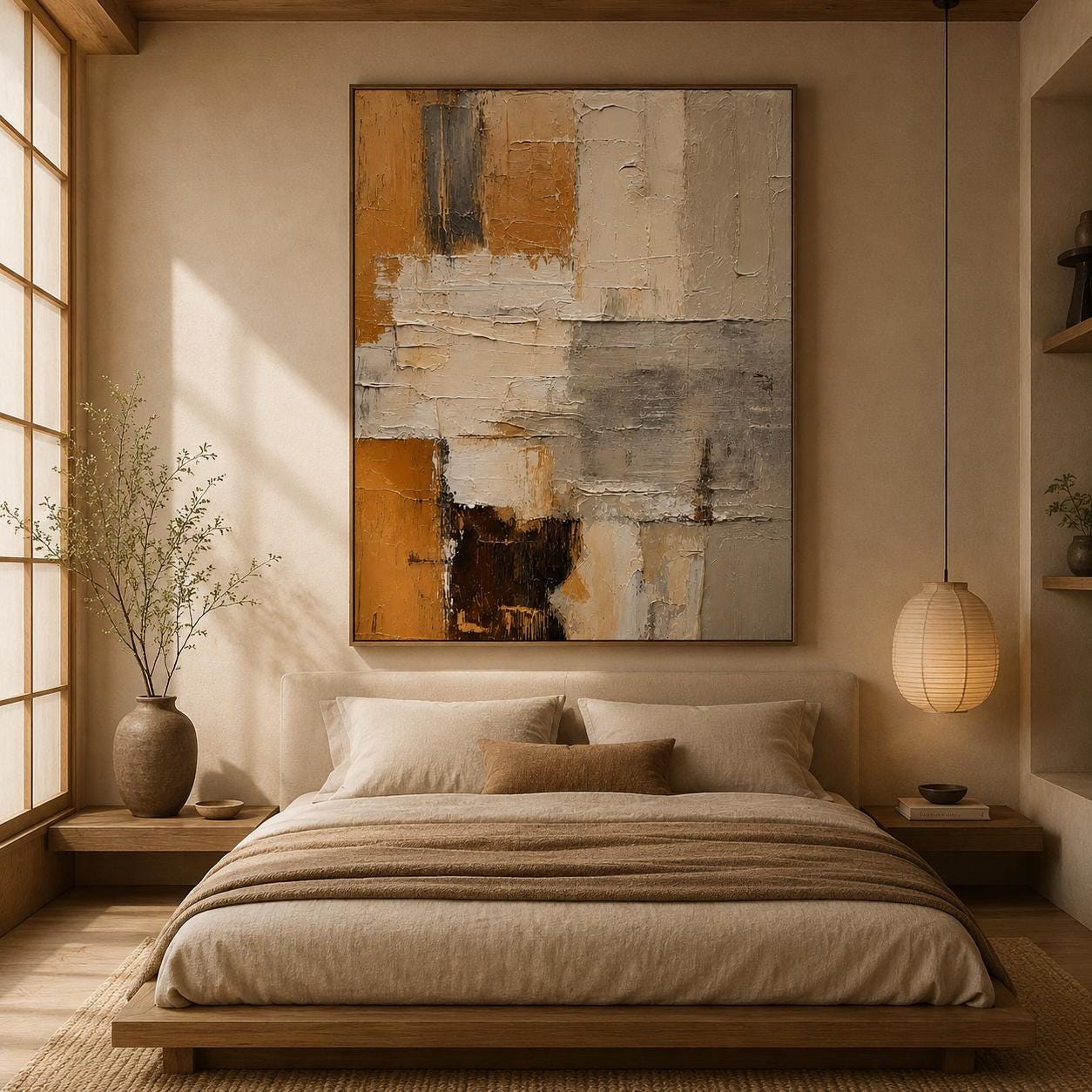 Textured Abstract Canvas Painting, Geometric Earth Tone Artwork, Modern Sculptural Decor