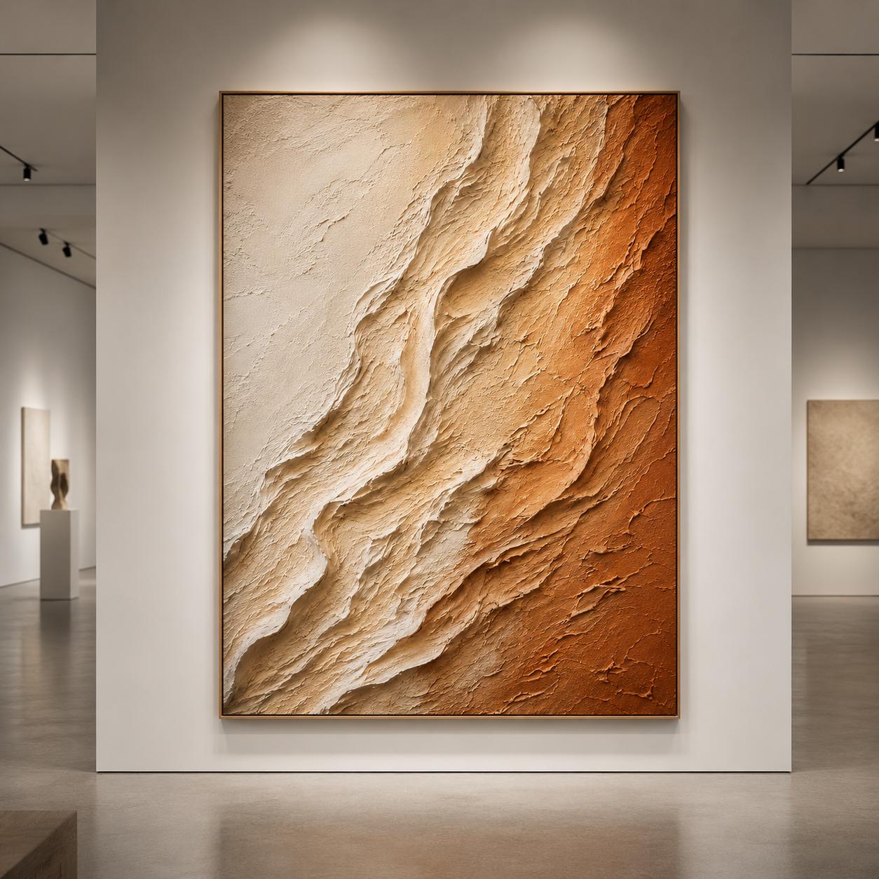 Textured Abstract Canvas Painting, Organic Relief Beige Terracotta Art
