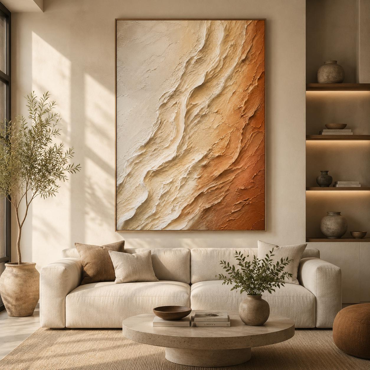 Textured Abstract Canvas Painting, Organic Relief Beige Terracotta Art