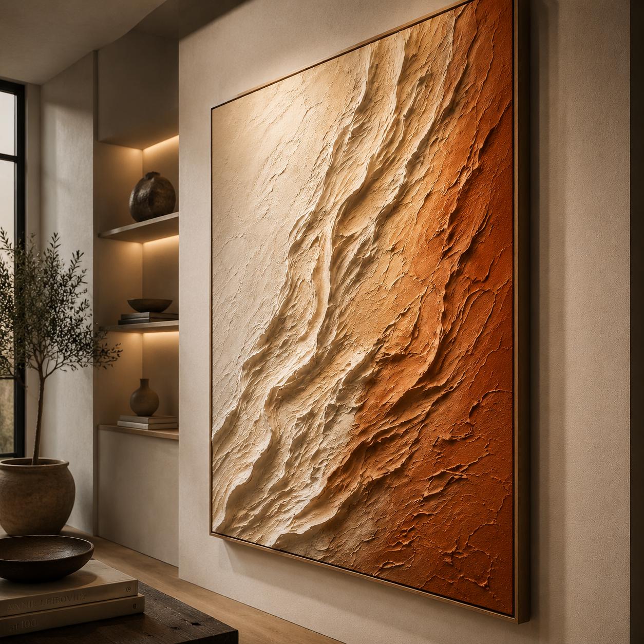Textured Abstract Canvas Painting, Organic Relief Beige Terracotta Art