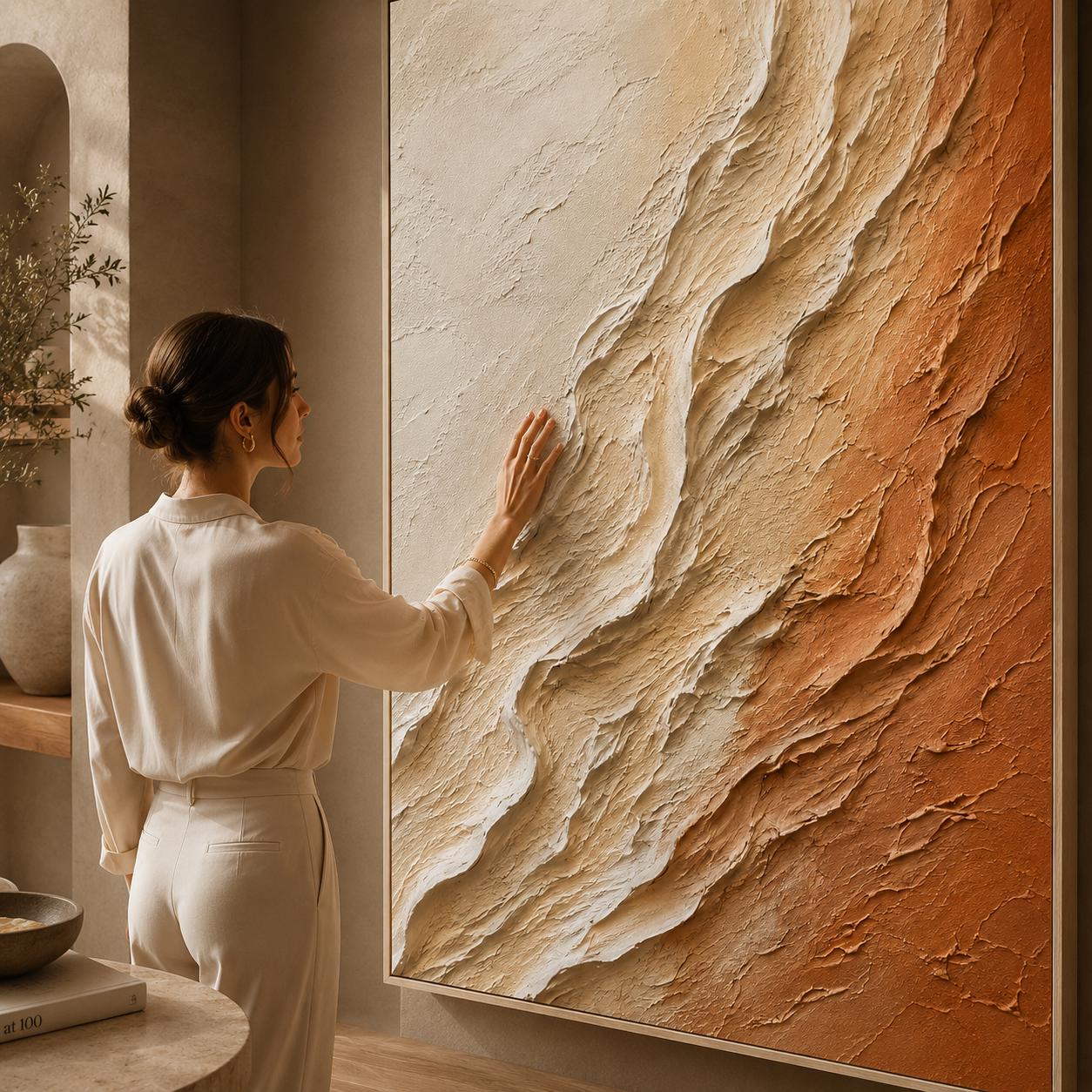 Textured Abstract Canvas Painting, Organic Relief Beige Terracotta Art