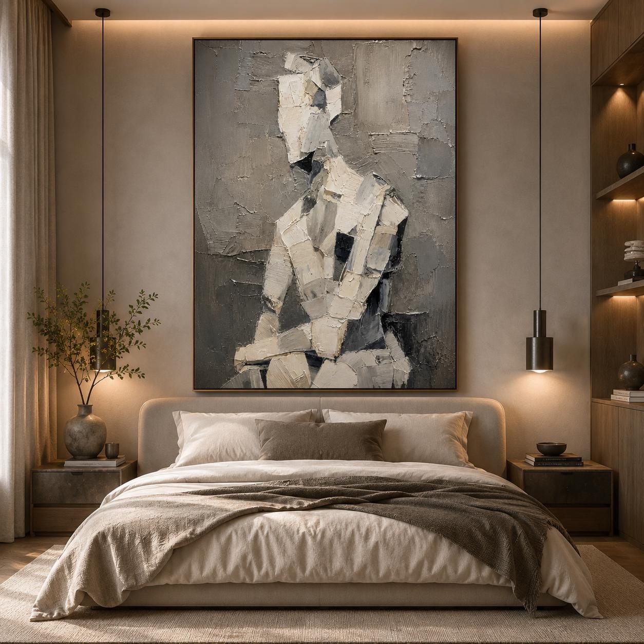 Textured Abstract Figure Painting, Neutral Sculptural Human Canvas, Beige Gray Impasto Artwork