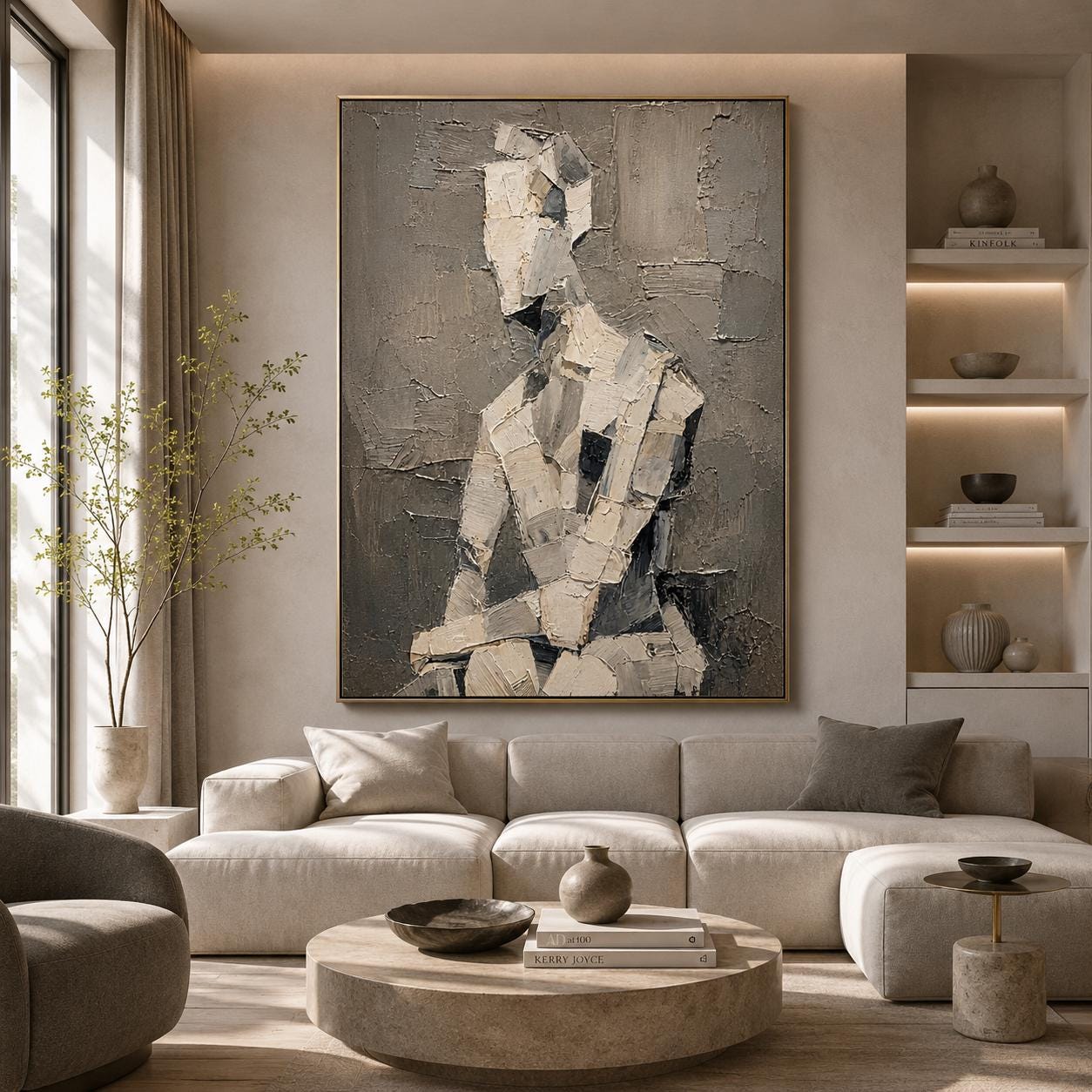 Textured Abstract Figure Painting, Neutral Sculptural Human Canvas, Beige Gray Impasto Artwork