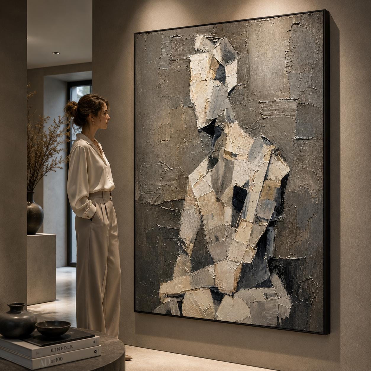 Textured Abstract Figure Painting, Neutral Sculptural Human Canvas, Beige Gray Impasto Artwork
