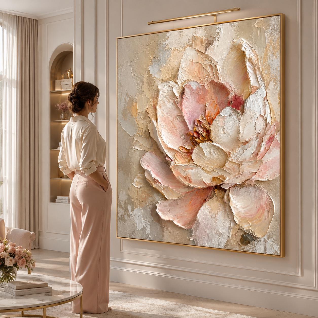 Textured Floral Wall Art, Soft Pink Abstract Painting, Neutral Botanical Canvas, Sculptural Petal Decor