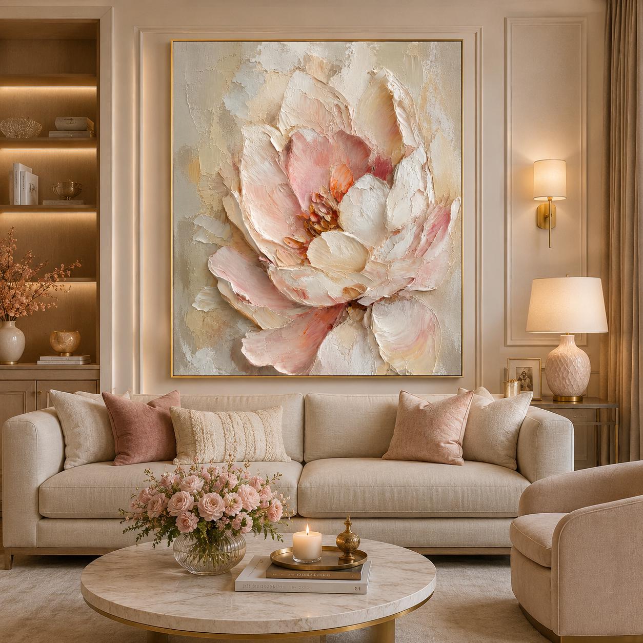 Textured Floral Wall Art, Soft Pink Abstract Painting, Neutral Botanical Canvas, Sculptural Petal Decor