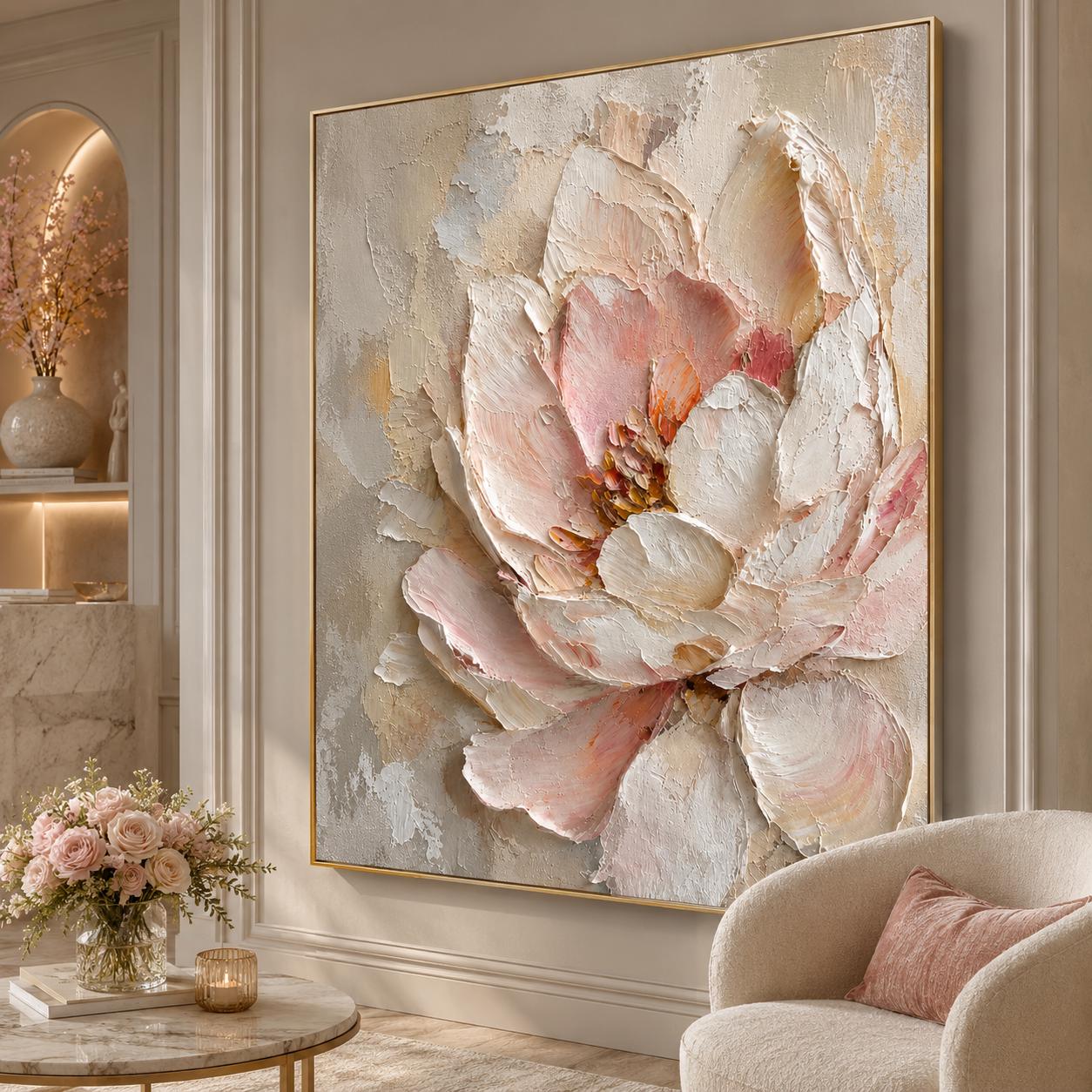 Textured Floral Wall Art, Soft Pink Abstract Painting, Neutral Botanical Canvas, Sculptural Petal Decor