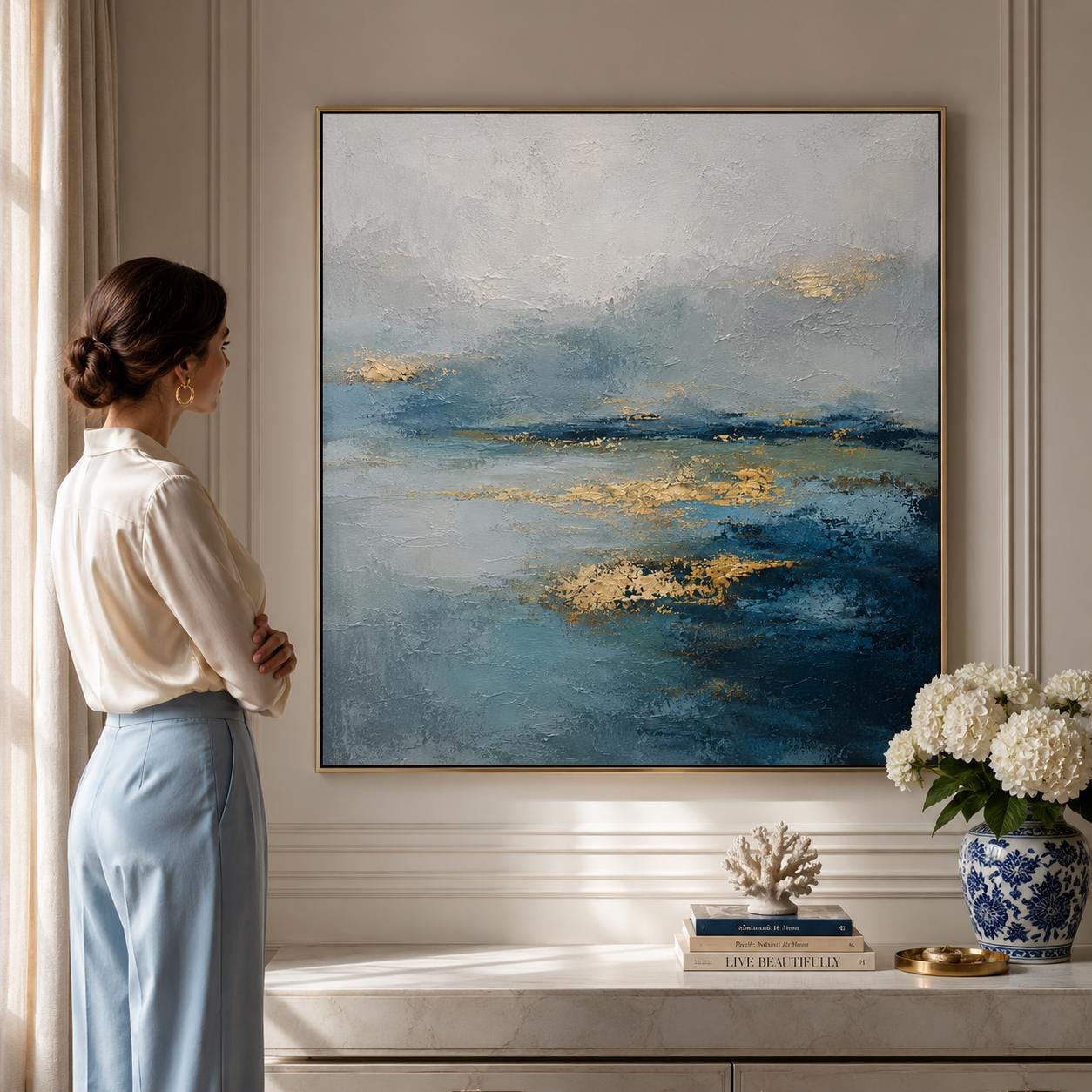 Textured Blue Gold Abstract Seascape Painting, Coastal Canvas Art, Ocean Wall Decor