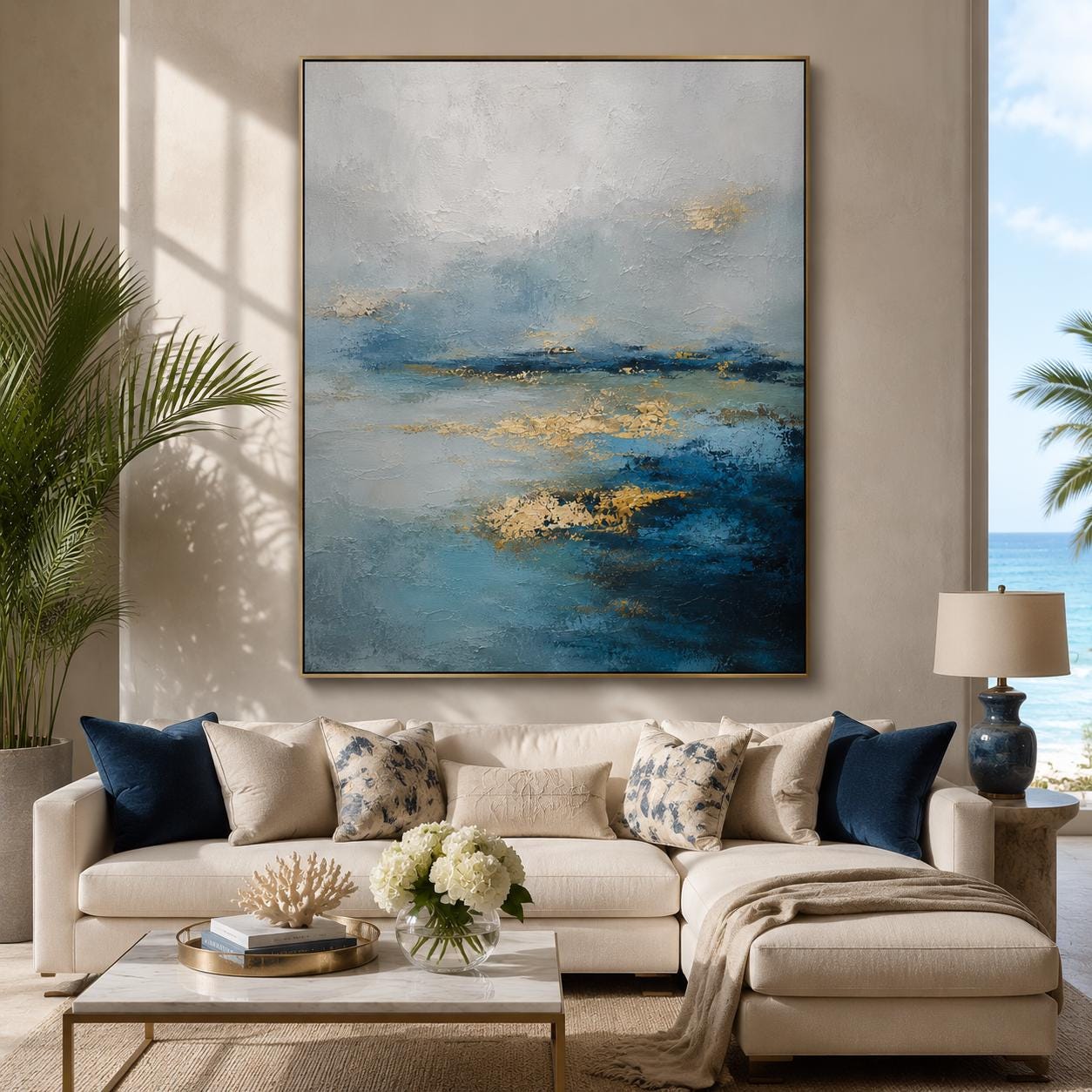Textured Blue Gold Abstract Seascape Painting, Coastal Canvas Art, Ocean Wall Decor