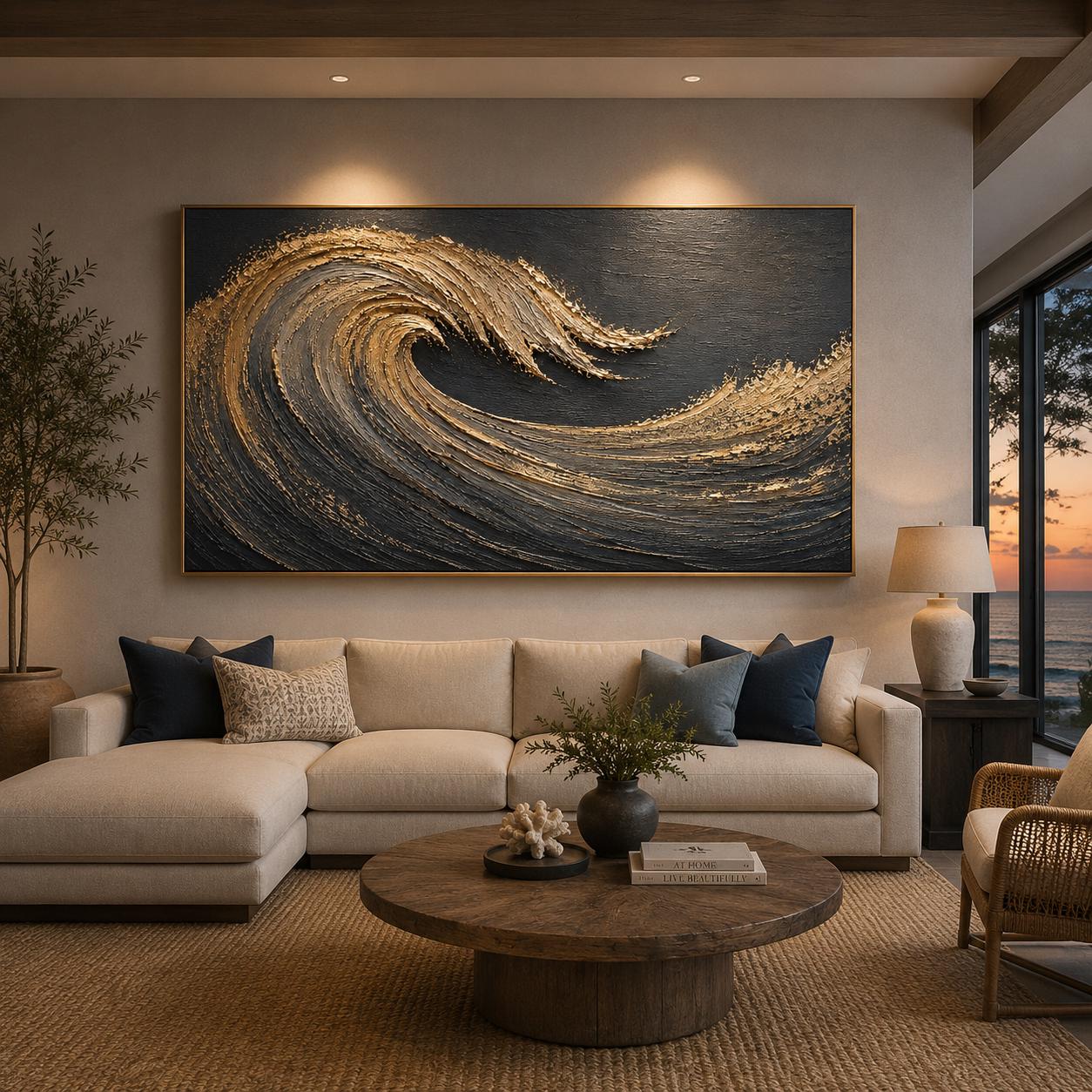 Textured Gold Wave Wall Art, Dark Ocean Abstract Painting, Metallic Coastal Canvas