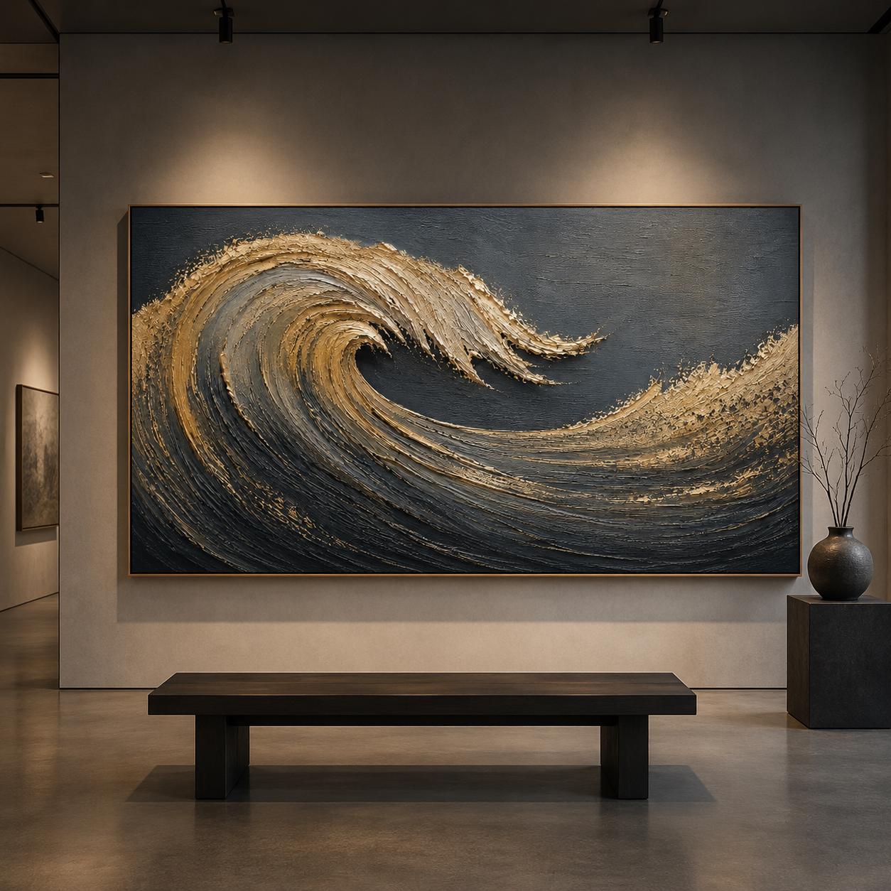 Textured Gold Wave Wall Art, Dark Ocean Abstract Painting, Metallic Coastal Canvas