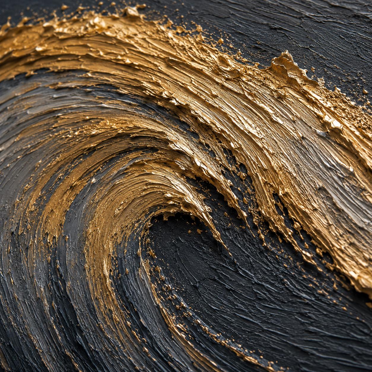 Textured Gold Wave Wall Art, Dark Ocean Abstract Painting, Metallic Coastal Canvas