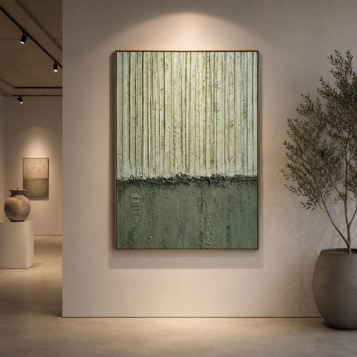 Sage Green Textured Plaster Art, Minimalist Vertical Abstract Painting, Organic Relief Canvas
