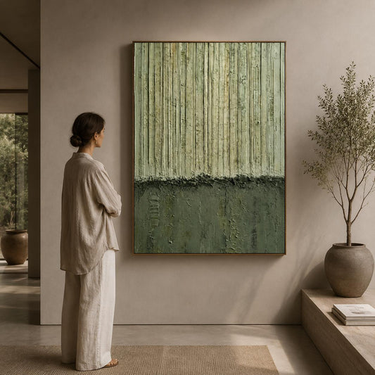 Sage Green Textured Plaster Art, Minimalist Vertical Abstract Painting, Organic Relief Canvas