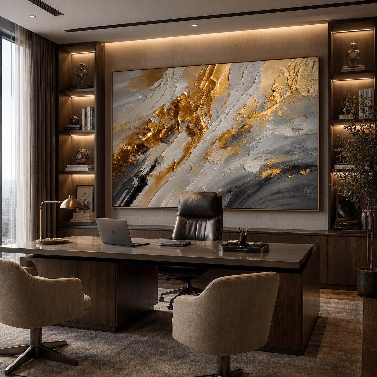 Textured Gold Abstract Painting, Neutral Gray White Wall Art, Modern Metallic Canvas